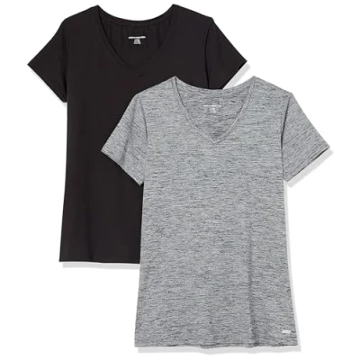 Image of Amazon Essentials Women&#039;s Tech Stretch Short Sleeved V Neck T Shirt (Available in Plus Sizes), Pack of 2, Black/Dark Grey Space Dye, M