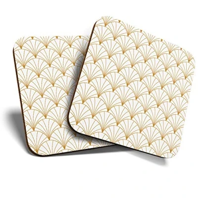 Image of 2 x MDF Glossy Top Coasters Square Vintage Art Deco Pattern White Gold 12760