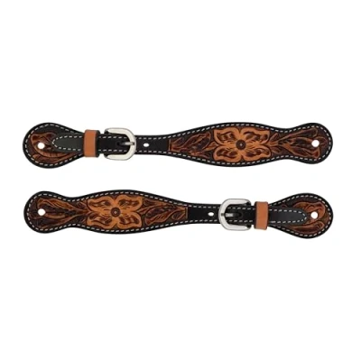 Image of Turquoise Cross Weaver Equine Ladies Floral Tooled Womens Spur Straps, Genuine Cowhide Boot Straps for Cowboy Boots, Western Horse Riding, Light Oil
