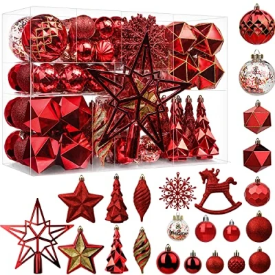 Image of SHareconn 100pcs Christmas Tree Decorations Ornaments Set, Shatterproof Plastic Baubles Decorative Balls for Xmas Decor Holiday Wedding Party, Red