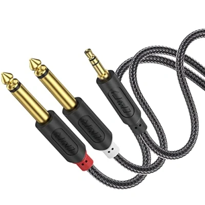Image of J&amp;D 3.5mm TRS to Dual 6.35mm TS Breakout Cable, Gold Plated Audiowave Series 1/8 1/4 Stereo Cable Splitter with Nylon Braid Compatible PC, Computer Sound Card, Mixer, Speaker, 4.5 Meter
