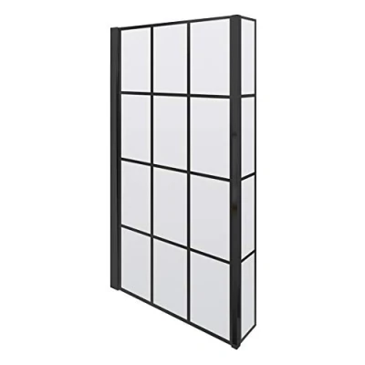 Image of nuie NSBS7BF Pacific Modern Bathroom Reversible 6mm Toughened Safety Glass Square Black Framed Shower Bath Screen with Fixed Return, 1430mm, Matt