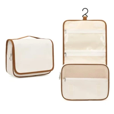 Image of Kono Travel Hanging Toiletry Wash Bag Men &amp; Women, Waterproof Multifunctional Toiletries Makeup Cosmetic Bags with Hook, Women’s for Full Sized Container (Beige Brown)