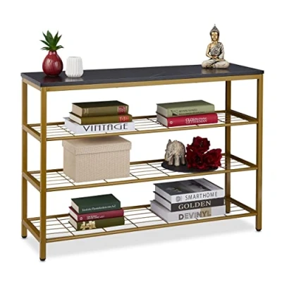 Image of Relaxdays Console Table, 4 Shelves, Marble Optic, H x W D: 70 101 30 cm, Metal &amp; MDF, Gold/Black