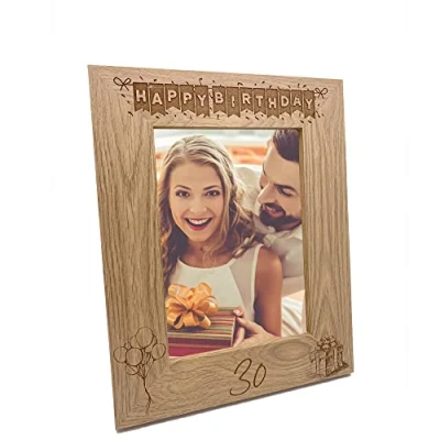 Image of 30th Birthday Photo Frame Portrait Wooden Engraved Bunting Style Gift (4 x 6 Inch)
