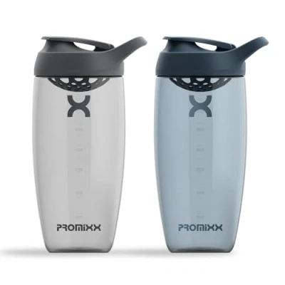 Image of Promixx PURSUIT Protein Shaker Bottle 2 Pack Premium Sports Blender Bottles for Mixes and Supplement Shakes Graphite Gray, Midnight Blue, 700ml