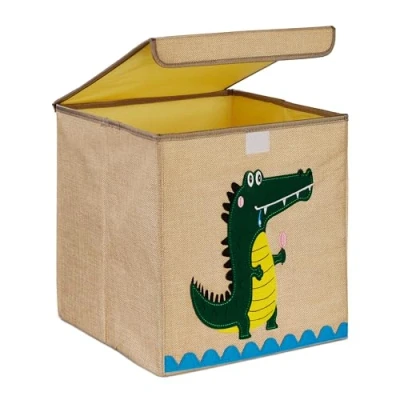 Image of Storage Box for Kids, Crocodile Print, Toy Box, Foldable Basket, hwd: 33 x cm, Beige/Green Relaxdays