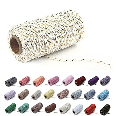 Image of Natural Twine Cotton String Christmas Jute Colored Rope Craft Cord Gift Wrapping (1 Roll, Gold Wire &amp; White)