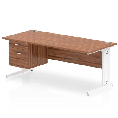 Image of Impulse 1800x800 Desk Walnut White Cable Managed Leg + Fixed Pedestal