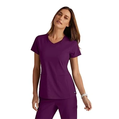 Image of BARCO Grey&#039;s Anatomy Spandex Stretch Direct Bolt Scrub Top for Women, V Neck Women&#039;s Top, Wine, S