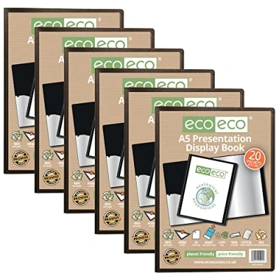 Image of eco A5 Size 50% Recycled 20 Pocket Black Presentation Display Book, Storage Case Portfolio Art Folder with Plastic Sleeves, eco001x6, (Pack of 6 Books)