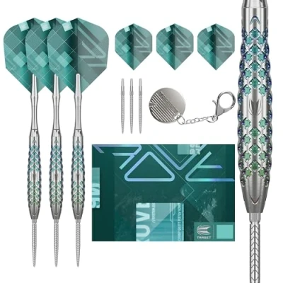 Image of TARGET Darts Rove Steel Tip Swiss Point Darts, 90% Tungsten Dart Set, Barrel 02 23G Sets, Green &amp; Silver Professional Set with Points Tool
