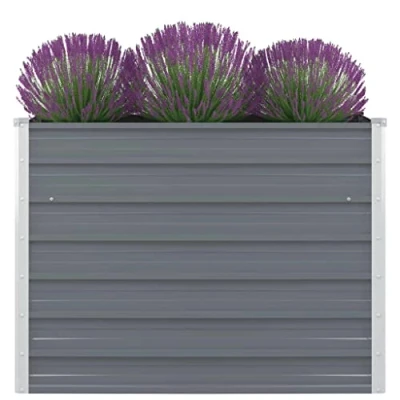 Image of vidaXL Square Raised Garden Bed in Grey Durable Galvanised Steel, Wide and Deep Planting Space, Installed Safety Edge Fold Design, Deck/Patio/Balcony Decor