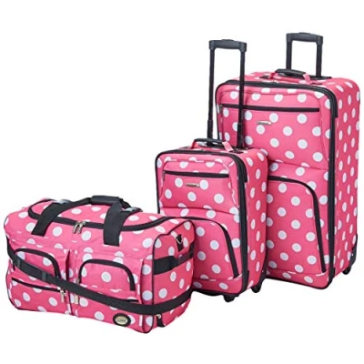 Image of Rockland Vara Softside 3 Piece Upright Luggage Set, Expandable,Lightweight,Telescopic Handle,Wheel, Pink Dots, 20 inches,22 inches,28 inches, PINKDOT, One Size, Melbourne Hardside Expandable Spinner