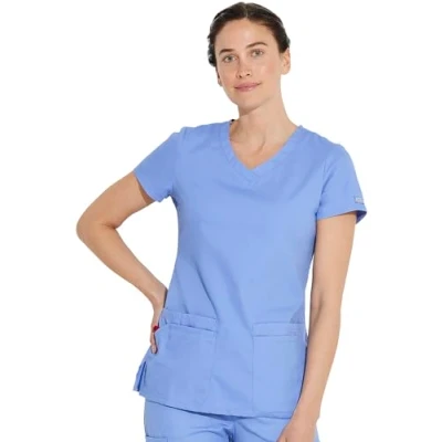 Image of Dickies womensMultiple Patch PocketsEds Signature V Neck Top with Multiple Pockets Short Sleeves Medical Scrubs Shirt Blue X Small