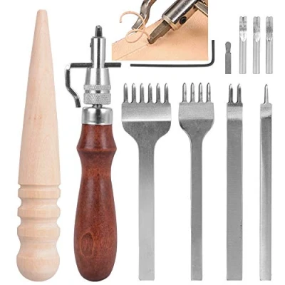 Image of VINFUTUR Leather Craft Tools 5 in 1 Groover + 4pcs 4mm 1/2/4/6 Prong Hole Punches Edge Polisher Tool Kit