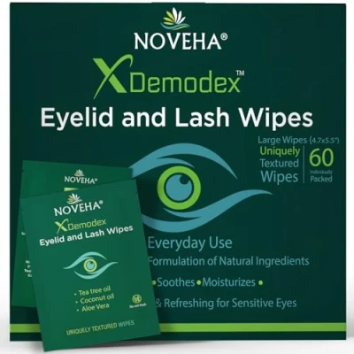 Image of NOVEHA Demodex Eyelid &amp; Lash Wipes Box Of 60 Individually Wrapped Extra Strength Cleansing Eyelash Battle Itchy Irritated Eyes associated with Mites, Naturally Remove debris