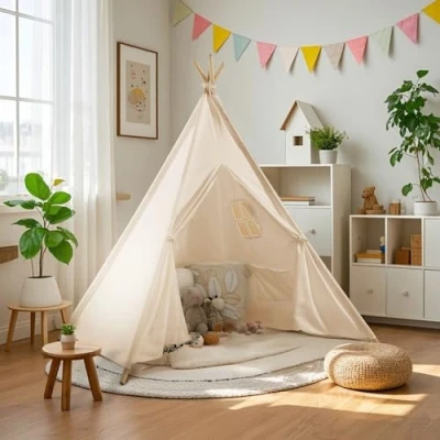 Image of Wilwolfer Teepee Tent for Kids Foldable Children Play Girl and Boy with Carry Case 4 Poles White Canvas Playhouse Toy Indoor Outdoor Games