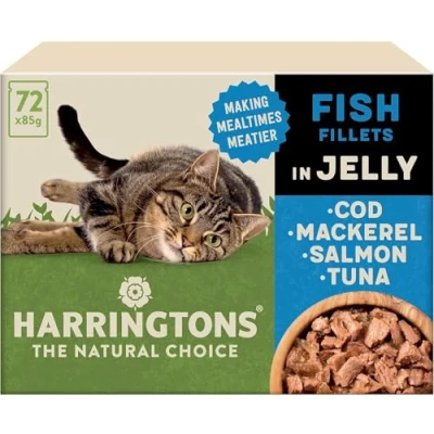 Image of Harringtons Complete Wet Pouch Grain Free Hypoallergenic Adult Cat Food Fish in Jelly Pack 72x85g Cod, Mackerel, Salmon &amp; Tuna Making Mealtimes Meatier
