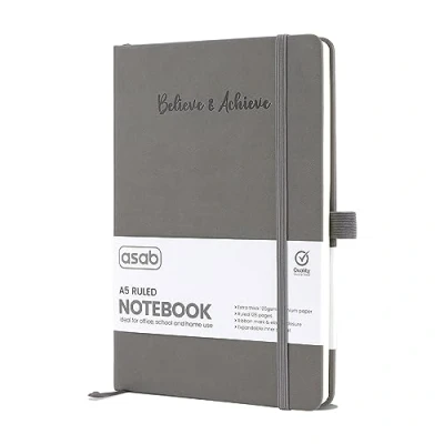 Image of ASAB A5 Journal Notebook Lined Vegan Leather Extra Thick 120gsm Premium Paper Work 128 Pages Elastic Banded with 2 Ribbon Notepad Bookmarks Business for Office School (Grey)