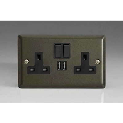 Image of Classic Graphite 2 Gang 13 Amp Socket + 2x USB Charging Port Black Inserts &amp; Switches