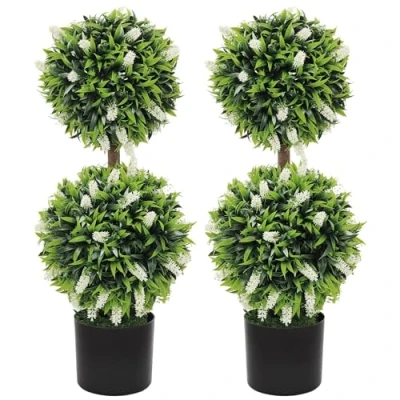 Image of HOMCOM Set of 2 Decorative Artificial Plants Ball Trees with Lavender Flowers in Pot Fake for Home Indoor Outdoor Decor, 70cm, White