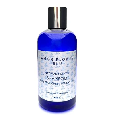 Image of Amor Florum Blu Shampoo 99% Natural Aloe Vera, Green Tea, Citrus. Sulfate/Parabens Free. Gentle, Concentrated. pH 5.5 For Sensitive Skin. 250ml