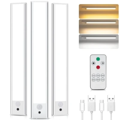 Image of TOPPLEE Under Cabinet Kitchen Lights with Remote Control, Motion Sensor Indoor Rechargeable Light 3 Color Temperature Wireless 2500mAH Battery for (3 Pack 31CM)