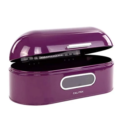 Image of Calitek Retro Bread Bin Storage Box Round Top Kitchen Counter Loaf Pastries Baked Goods Container Coated Carbon Steel (Purple)