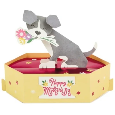Image of Hallmark Mothers Day Card for Mum, 3D, Pop Up Card, Cute Dog &amp; Flowers, Grey, Yellow, Red