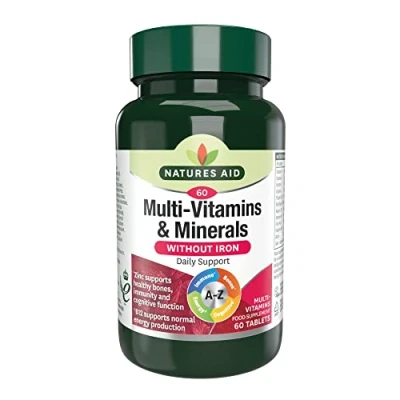 Image of Natures Aid Multi Vitamins and Minerals 60 Tablets (Without Iron, One a Day Vitamin Mineral Formula, Supports Immune, Energy, Brain Bone Health, Vegan Society Approved, Made in the UK)