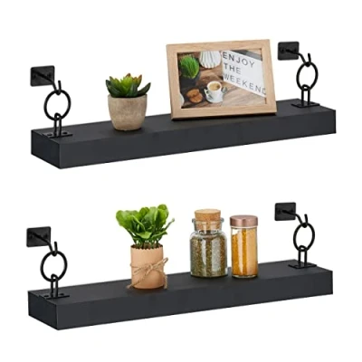 Image of Relaxdays 2x Floating Shelves, Wall Storage for any Room, Hanging, Decorative, HWD: 13 x 48 12 cm, MDF &amp; Metal, Black