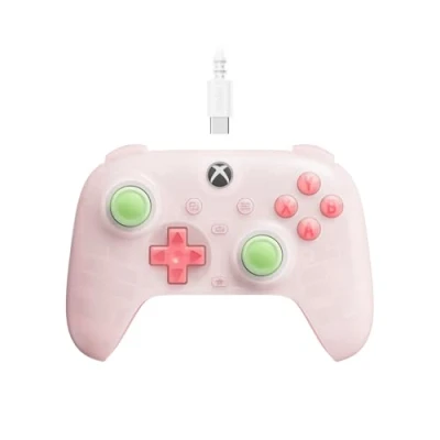 Image of 8Bitdo Ultimate Mini Wired Controller for Xbox with RGB Lighting Fire Ring, Hall Effect Joysticks and Triggers, Series XS, One, Windows 10/11 Officially Licensed (Translucent Pink)
