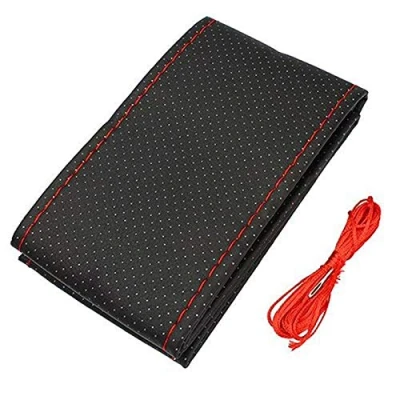Image of Brussels08 DIY Stitching Style Faux Leather Universal Car Steering Wheel Cover Protector with Needle Thread Kit Stitch On Wrap (Red)