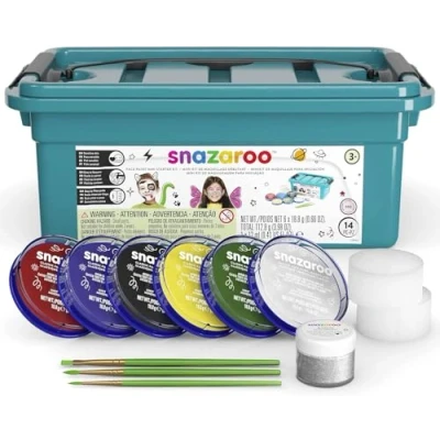 Image of Snazaroo Face Paint Mini Starter Kit for Kids and Adults, 14 Pieces, 6 Colours, 1 Glitter Gel, Brushes, Sponges, Guide, Water Based, Easily Washable, Makeup, Body Painting