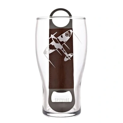 Image of Officially Licensed Royal Air Force RAF Pint Glass &amp; Bottle Opener Set Spitfire Etched Graphic Drinking Beer Home Bar, Kitchen Dining for Men, History Aviation 480ml / 16oz.
