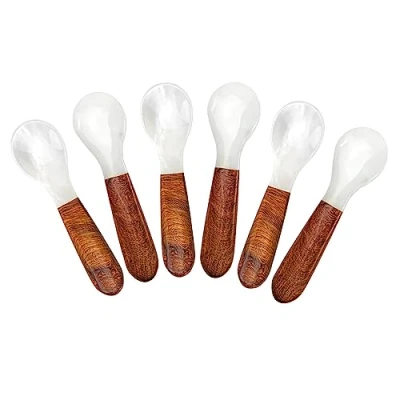 Image of DUEBEL Set of 6 Caviar Spoons Wood Handle, 4&quot; Mother Pearl for Serving, Egg Catering Deroration