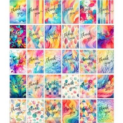Image of 30 Bright Colourful Thank You Cards Different Watercolour Patterns to Say Thanks with Envelopes
