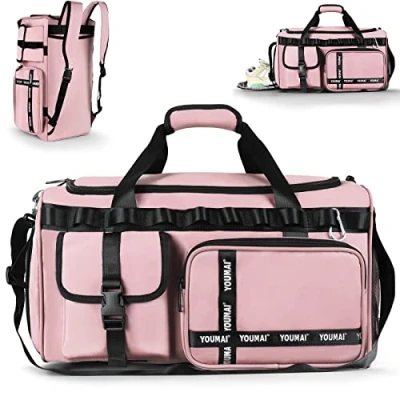 Image of Gym Bag, 2 in 1 Upgrade Travel Bag Backpack Overnight Bags, 45L Portable Lightweight Waterproof Luggage Hand Carry for Weekender Sports, Gym, Vacation Weekend Men Women (Pink)