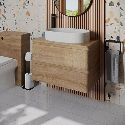 Image of Affine® 800mm Vanity Unit Bathroom Wall Mounted Storage Cabinet Cupboard Cloakroom, Soft Close Drawers, Lorient White Countertop Basin Sink, Oak Effect