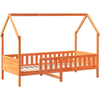 Image of vidaXL Kids&#039; House Bed Frame Solid Pine Wood, Wax Brown, 80x200 cm, Base with Safety Rails and Spacious Storage, Modern