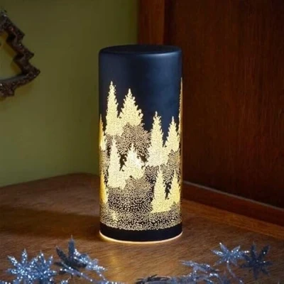 Image of Three Kings LED Light Up Black &amp; Gold Pine Forest 21cm Tall Lantern Lamp Decoration Battery Operated