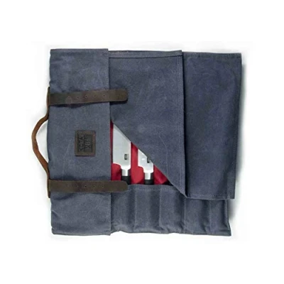 Image of KOTAI Leather Knife Roll up 8 Slots for 7 Knives and a Honing Steel Ultra Resistant Oilcloth Handles Straps Zipper Pocket Handcrafted