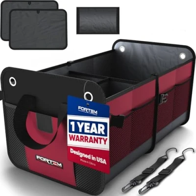 Image of FORTEM Car Boot Tidy for Storage, Collapsible Multi Compartment Organiser, Non Slip Bottom, Adjustable Securing Straps, Foldable Cover (Standard Size, Red)