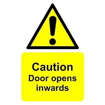 Image of Caution door opens inwards safety sign Self adhesive sticker (200mm x 150mm)