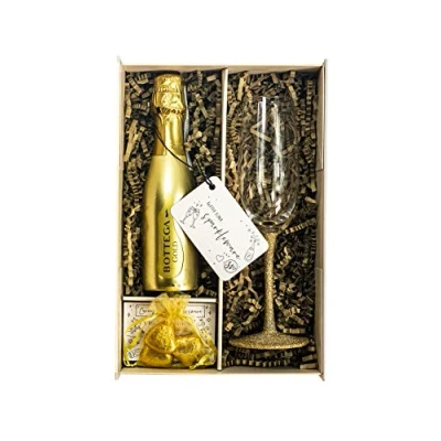 Image of Gold Bottega Prosecco DOC 20cl Gift Set Hamper With Matching Sparkling Champagne Flute, Chocolates &amp; Box Thank You For Her (Sparkling Stem)