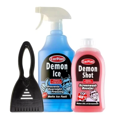 Image of CarPlan Demon Shot Screenwash Booster, 500ml (Pack of 1) &amp; Ice, Ice Preventer and De Icer, 1 Litre Scraper Winter Car Care Bundle/Kit