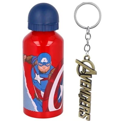 Image of Marvel Avengers Characters Aluminium Sports Bottle 400ml Holiday, Back to School Water Drinking Kids Lunch Children Includes Keychain (Avengers)