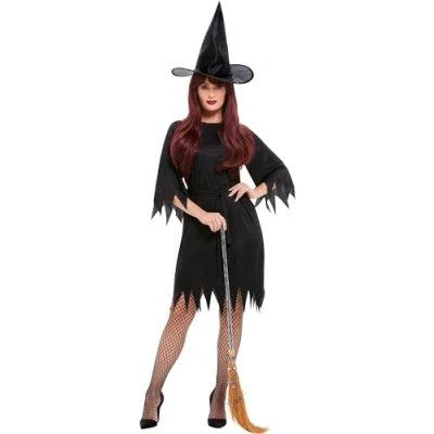 Image of Smiffys Spooky Witch Costume, Black with Dress, Belt &amp; Hat, Halloween Adult Fancy Dress Up Costumes