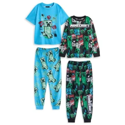 Image of Minecraft Boys 2 Pack Pyjama Set Children&#039;s Multicoloured Graffiti All Over Print Multi PJs Kids Long Leg Night Bottoms and Tops TNT &amp; Creeper Graphic Mojang Video Game Gift